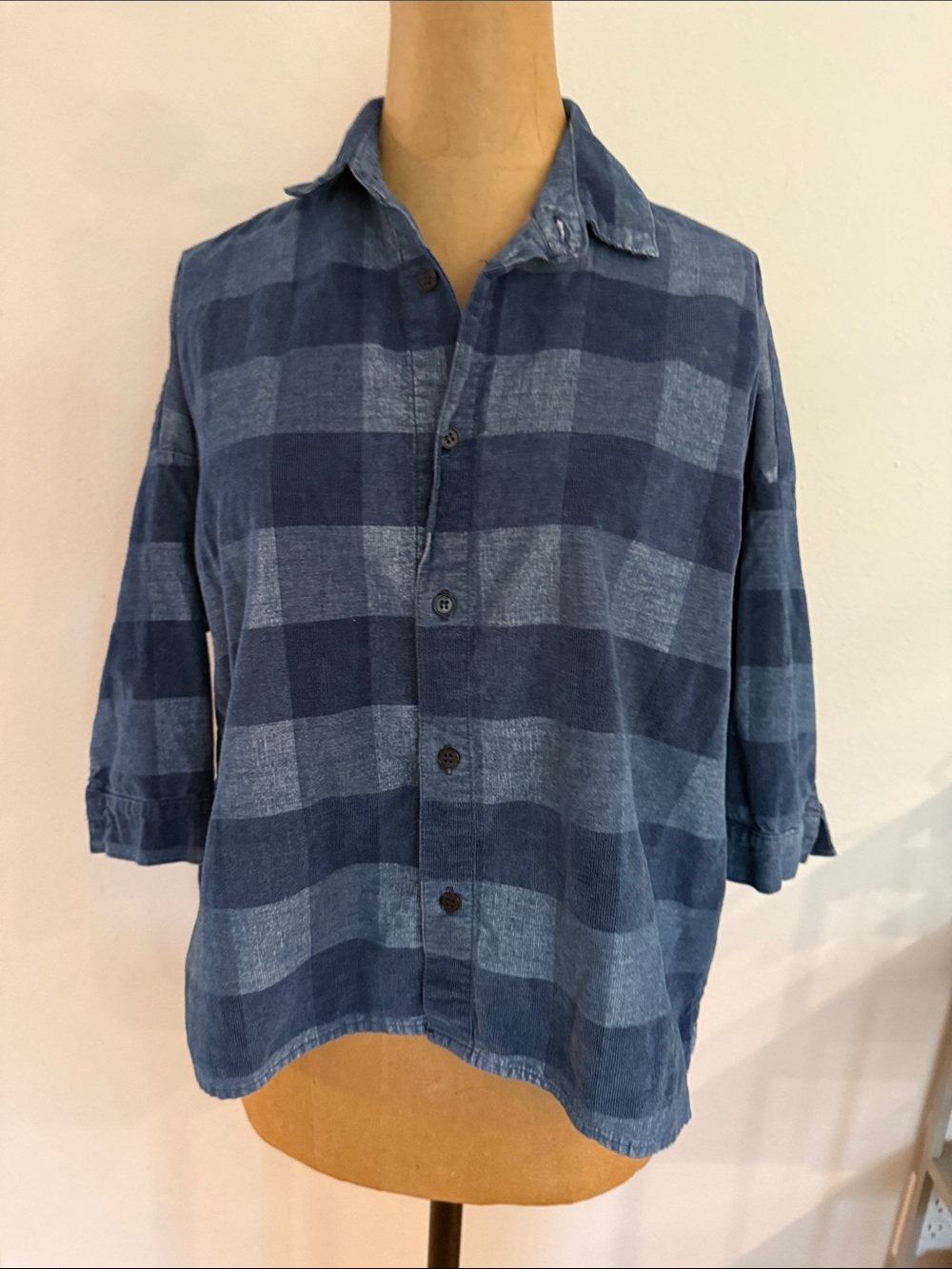 CP Shades S Blue Plaid Button-Up Shirt 1/2 length sleeve micro cord great cond